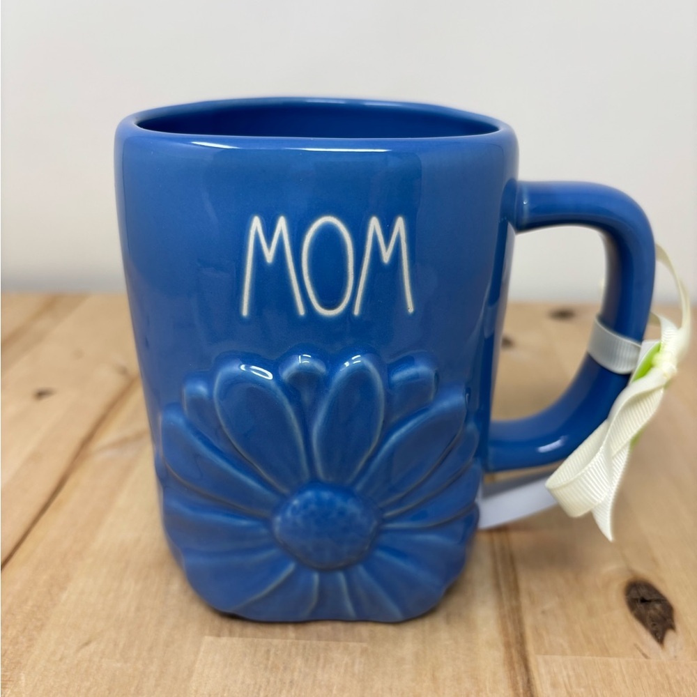 Rae Dunn MOM Mug Blue Ceramic with Raised Floral Design and White Lettering New